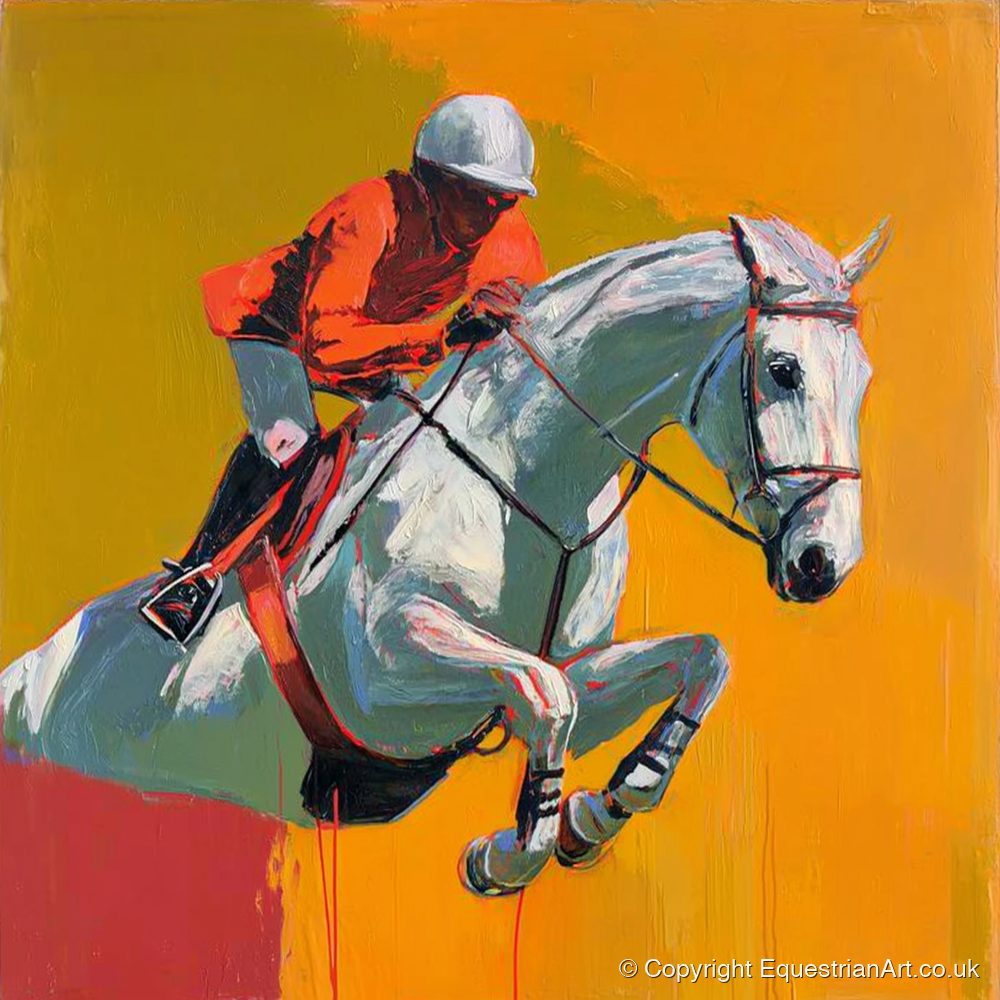 Airborne Over Gold - show jumping horse art print and canvas by Victor Beaumont A.I
