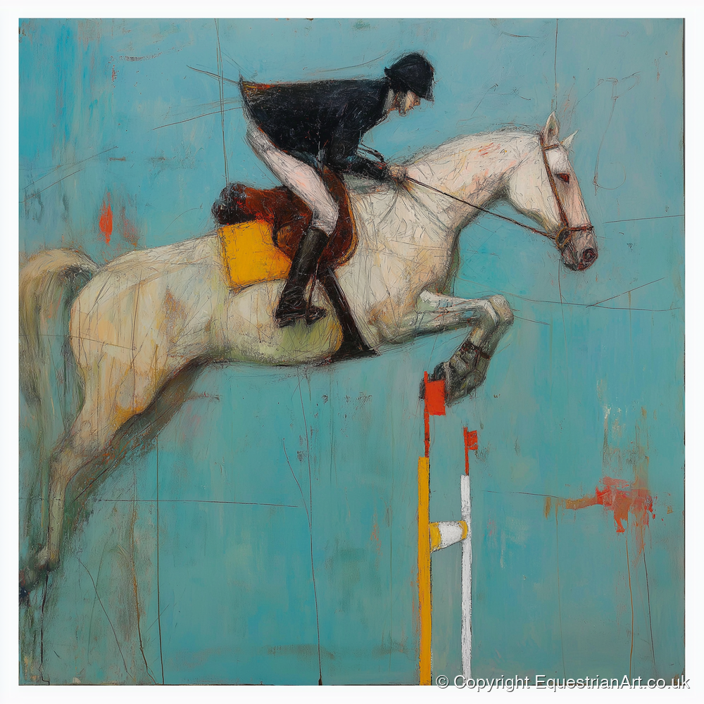 Airborne Over Teal - show jumping horse art print and canvas by Margot Davenport A.I