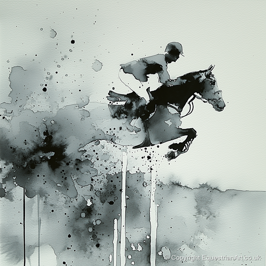 Airborne Shadows - show jumping horse art print and canvas by Adrian Frost A.I