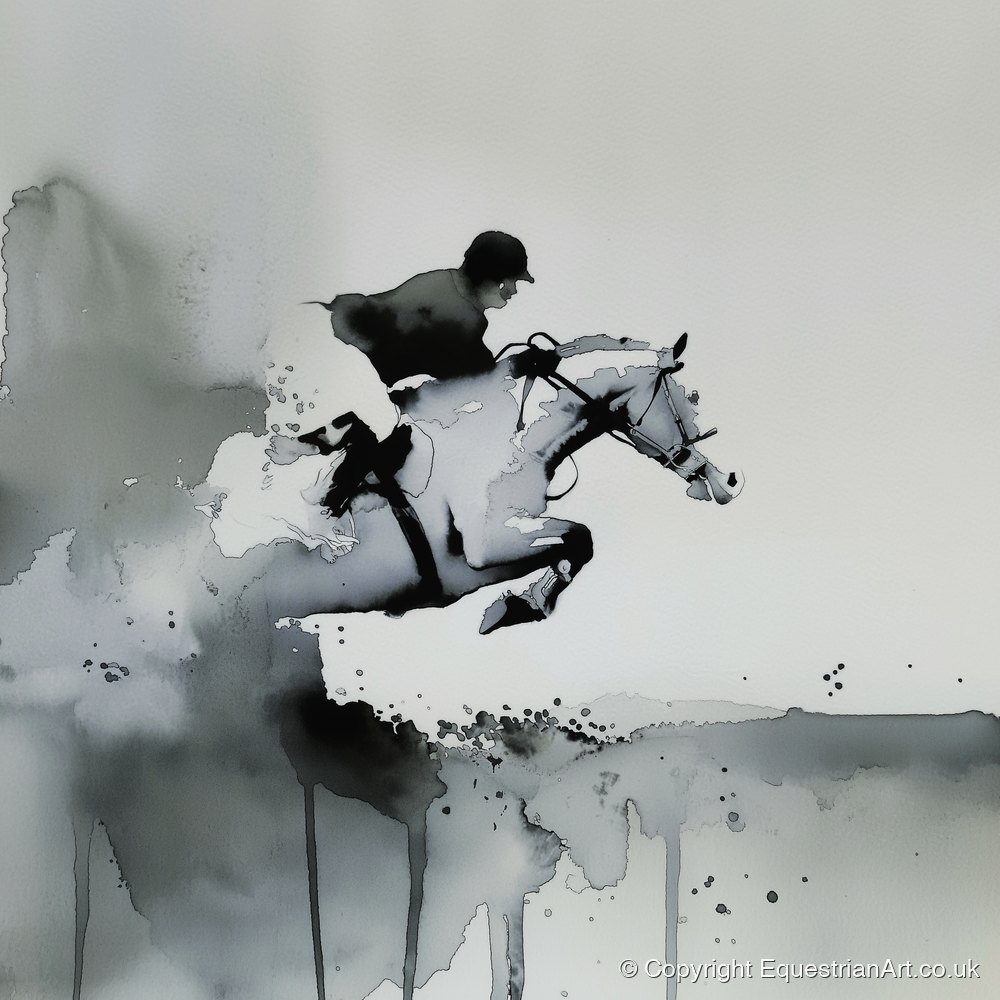 Airborne Shadows - show jumping horse art print and canvas by Adrian Frost A.I