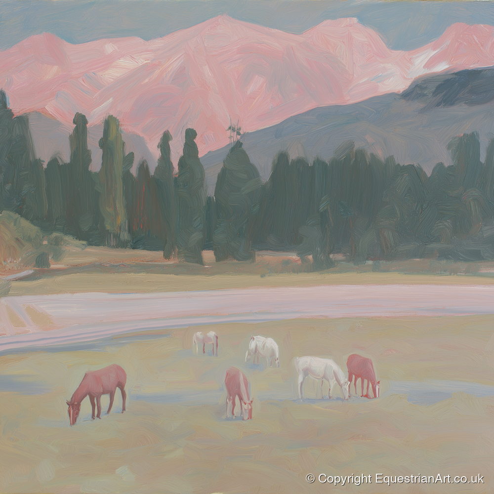 Alpenglow Pastures - horse landscape art print and canvas by Florence Hadley A.I