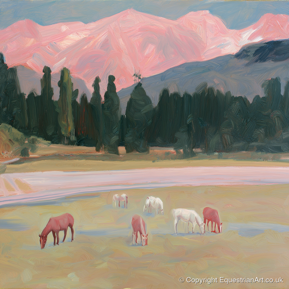Alpenglow Pastures - horse landscape art print and canvas by Florence Hadley A.I