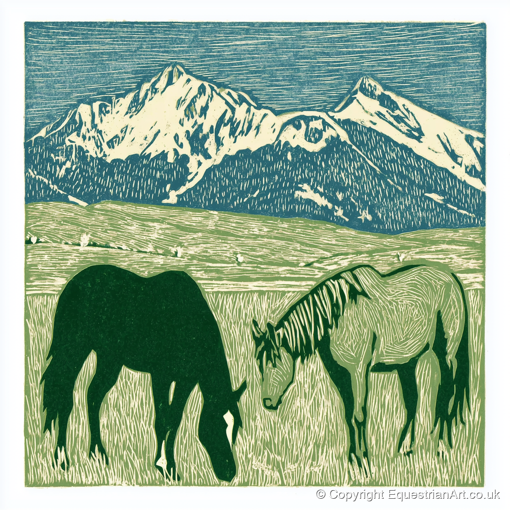 Alpine Grazing - horse landscape art print and canvas by Hector Sullivan A.I