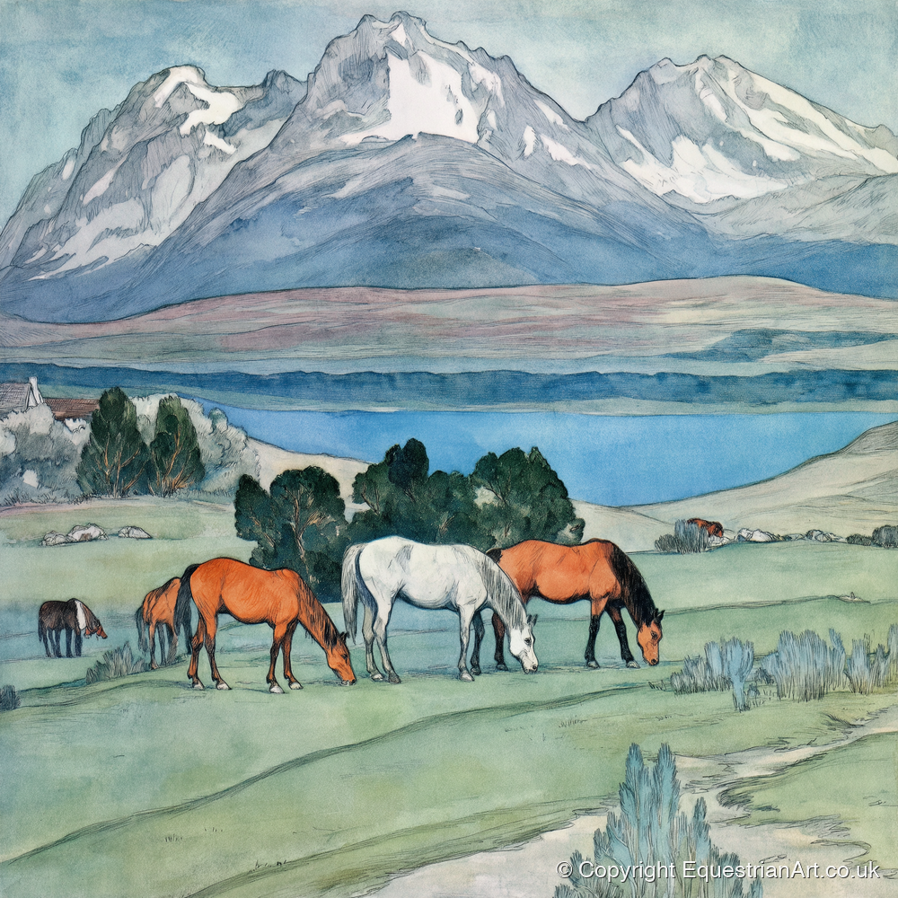 Alpine Lake Pastures - horse landscape art print and canvas by Geoffrey Talbot A.I