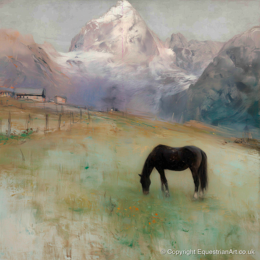 Alpine Pasture Solitude - horse landscape art print and canvas by Nathaniel Reed A.I