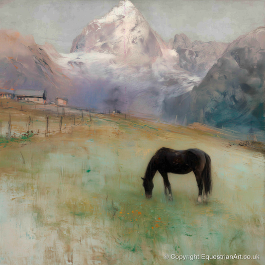 Alpine Pasture Solitude - horse landscape art print and canvas by Nathaniel Reed A.I