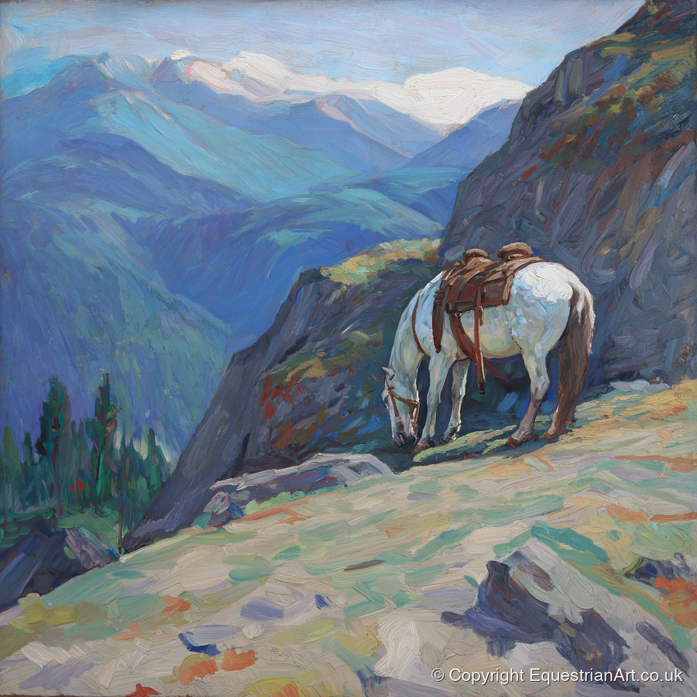 Alpine Trail Halt - horse landscape art print and canvas by Edgar Whitmore A.I