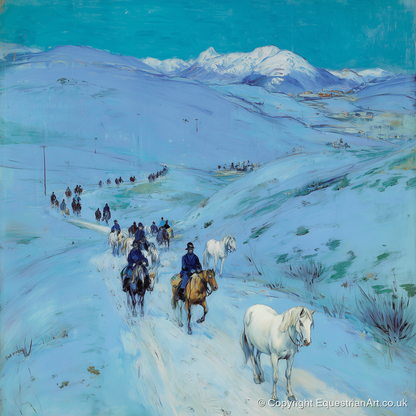 Alpine Winter Cavalcade - horse landscape art print and canvas by Clement Hughes A.I