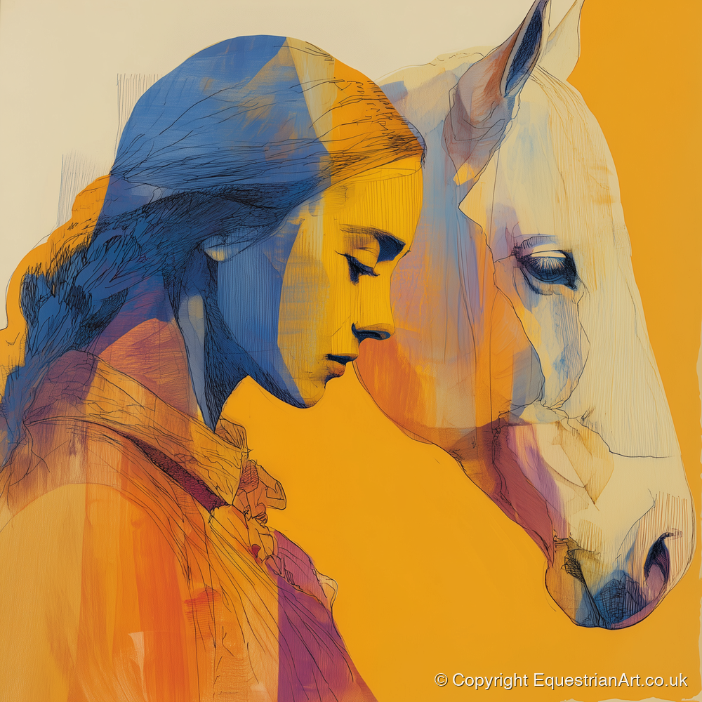 Amber Embrace - horse & rider art print and canvas by Tobias Blake A.I