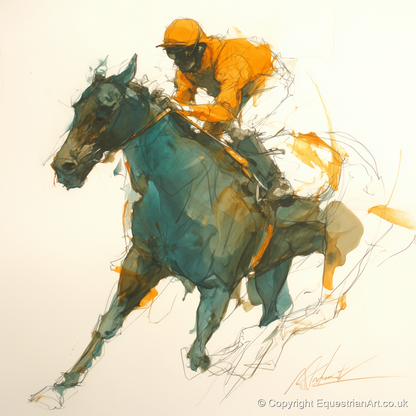 Amber Silks at Speed - racing horse art print and canvas by Elliot Caldwell A.I