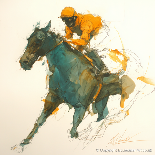 Amber Silks at Speed - racing horse art print and canvas by Elliot Caldwell A.I