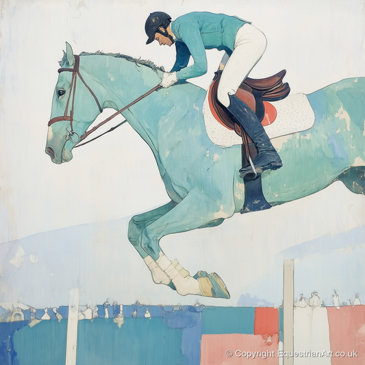 Aquamarine Ascent - show jumping horse art print and canvas by Flora Whitby A.I
