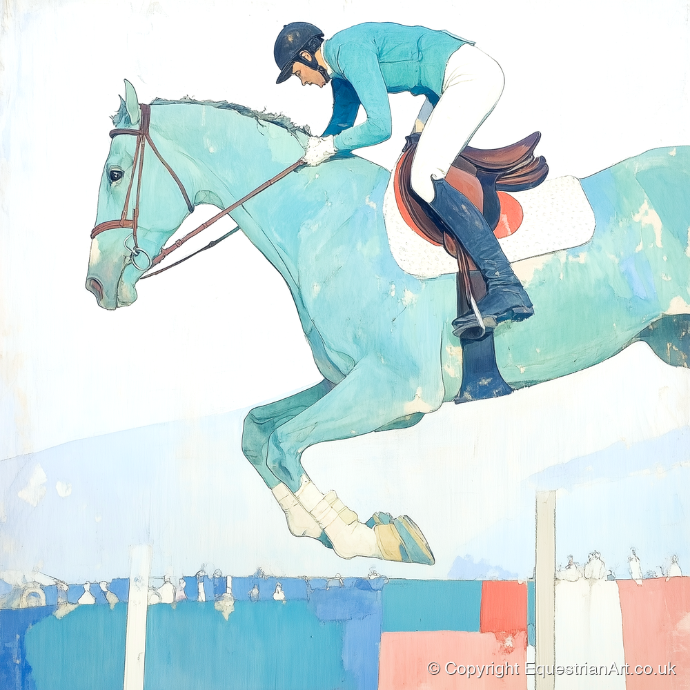 Aquamarine Ascent - show jumping horse art print and canvas by Flora Whitby A.I