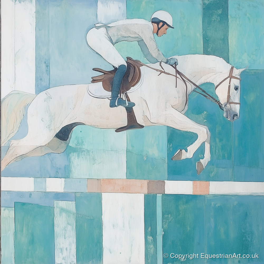 Aquamarine Ascent - show jumping horse art print and canvas by Flora Whitby A.I