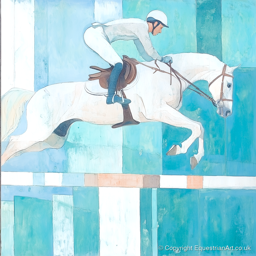 Aquamarine Ascent - show jumping horse art print and canvas by Flora Whitby A.I