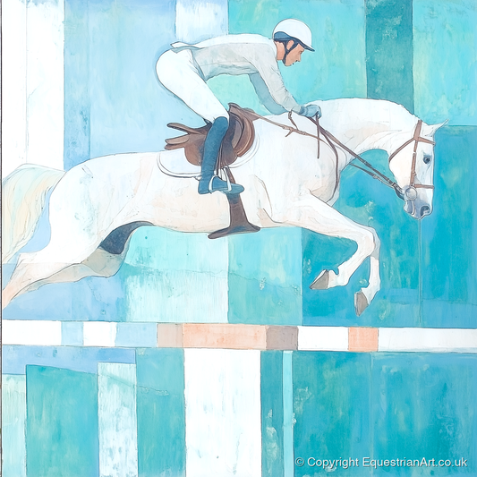 Aquamarine Ascent - show jumping horse art print and canvas by Flora Whitby A.I