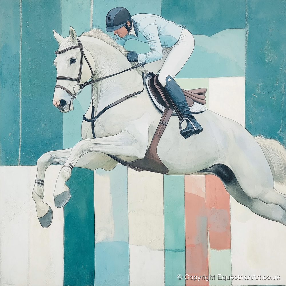 Aquamarine Ascent - show jumping horse art print and canvas by Flora Whitby A.I