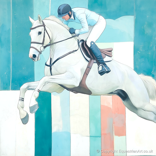 Aquamarine Ascent - show jumping horse art print and canvas by Flora Whitby A.I