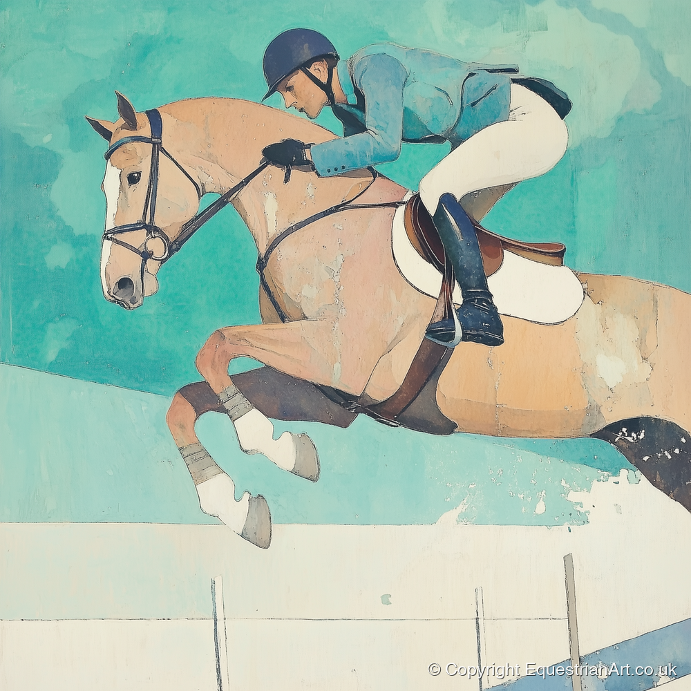 Aquamarine Flight - show jumping horse art print and canvas by Flora Whitby A.I