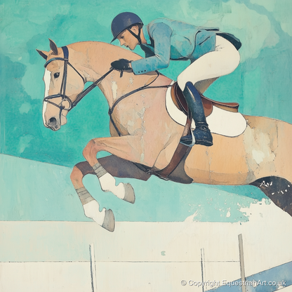 Aquamarine Flight - show jumping horse art print and canvas by Flora Whitby A.I
