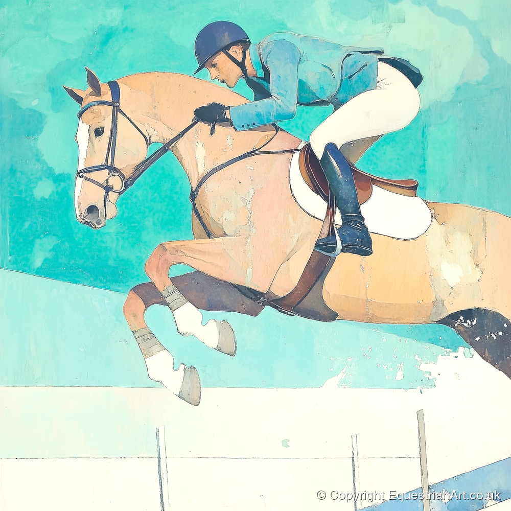 Aquamarine Flight - show jumping horse art print and canvas by Flora Whitby A.I