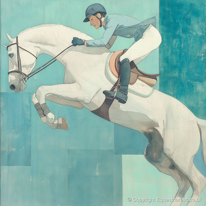Aquamarine Flight - show jumping horse art print and canvas by Flora Whitby A.I