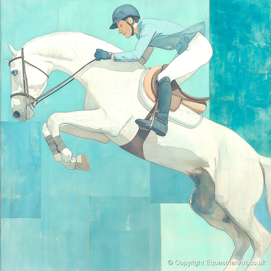 Aquamarine Flight - show jumping horse art print and canvas by Flora Whitby A.I