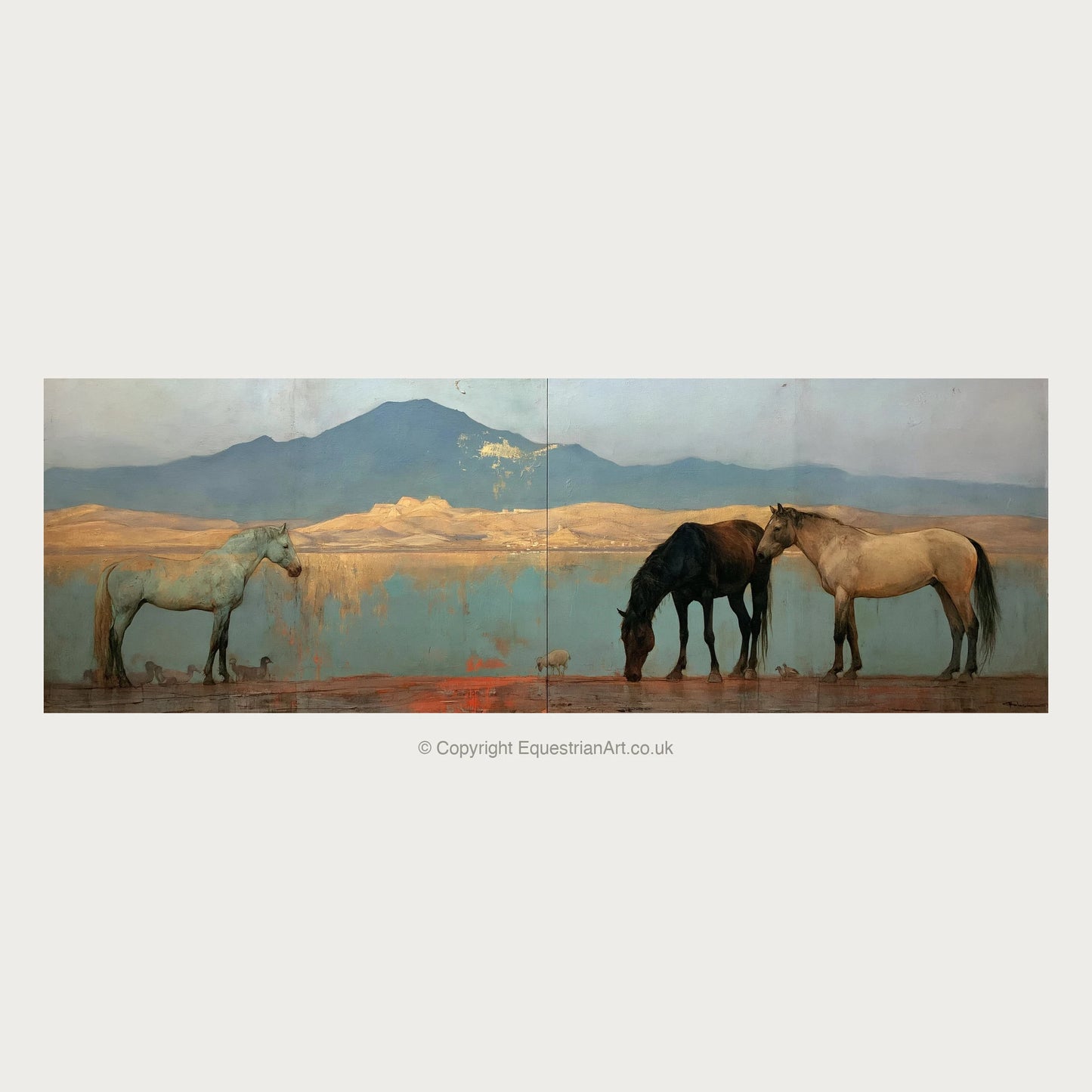 Gilded Shoreline Reflections - Horse Landscape panoramic art by Eloise Fairfax A.I