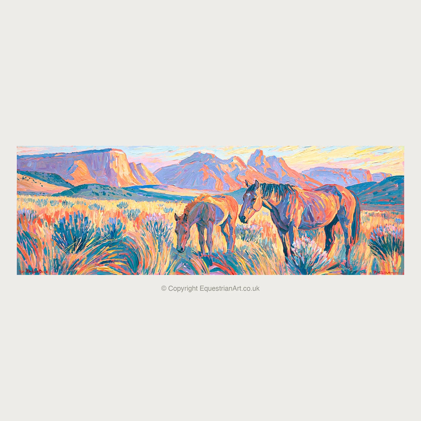 Painted Valley Grazing - Horse Landscape panoramic art by Celia Harding A.I