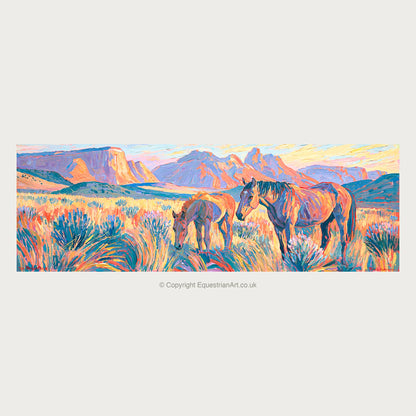 Painted Valley Grazing - Horse Landscape panoramic art by Celia Harding A.I