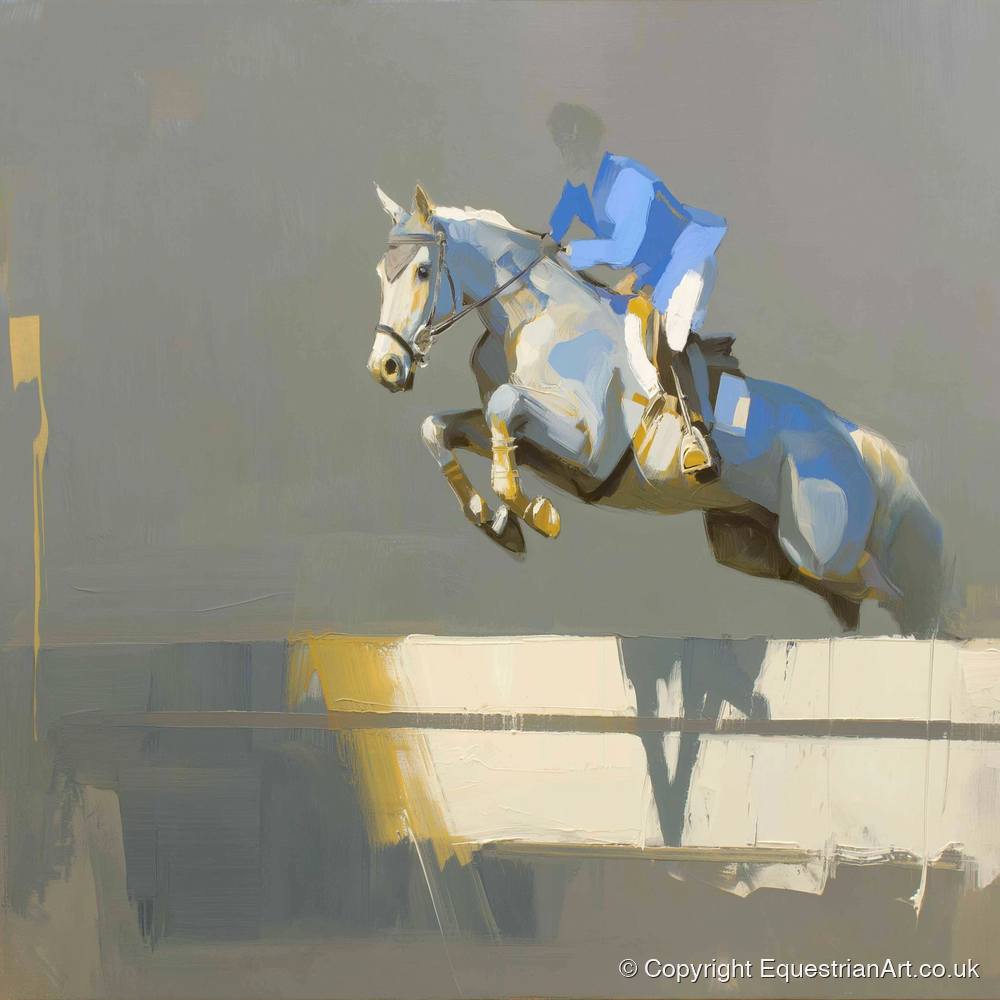 Ascent in Blue - show jumping horse art print and canvas by Elias Thorne A.I