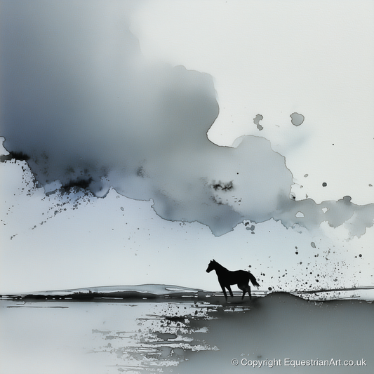 Atmospheric Grey Horizon - horse landscape art print and canvas by Adrian Frost A.I