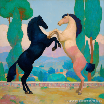 Azure and Rose Dance - wild horses art print and canvas by Aldous Trent A.I