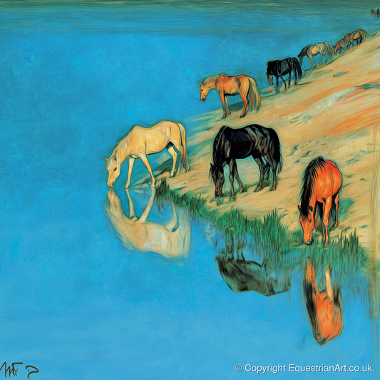 Azure Bank Reflections - wild horses art print and canvas by Cecily Warwick A.I