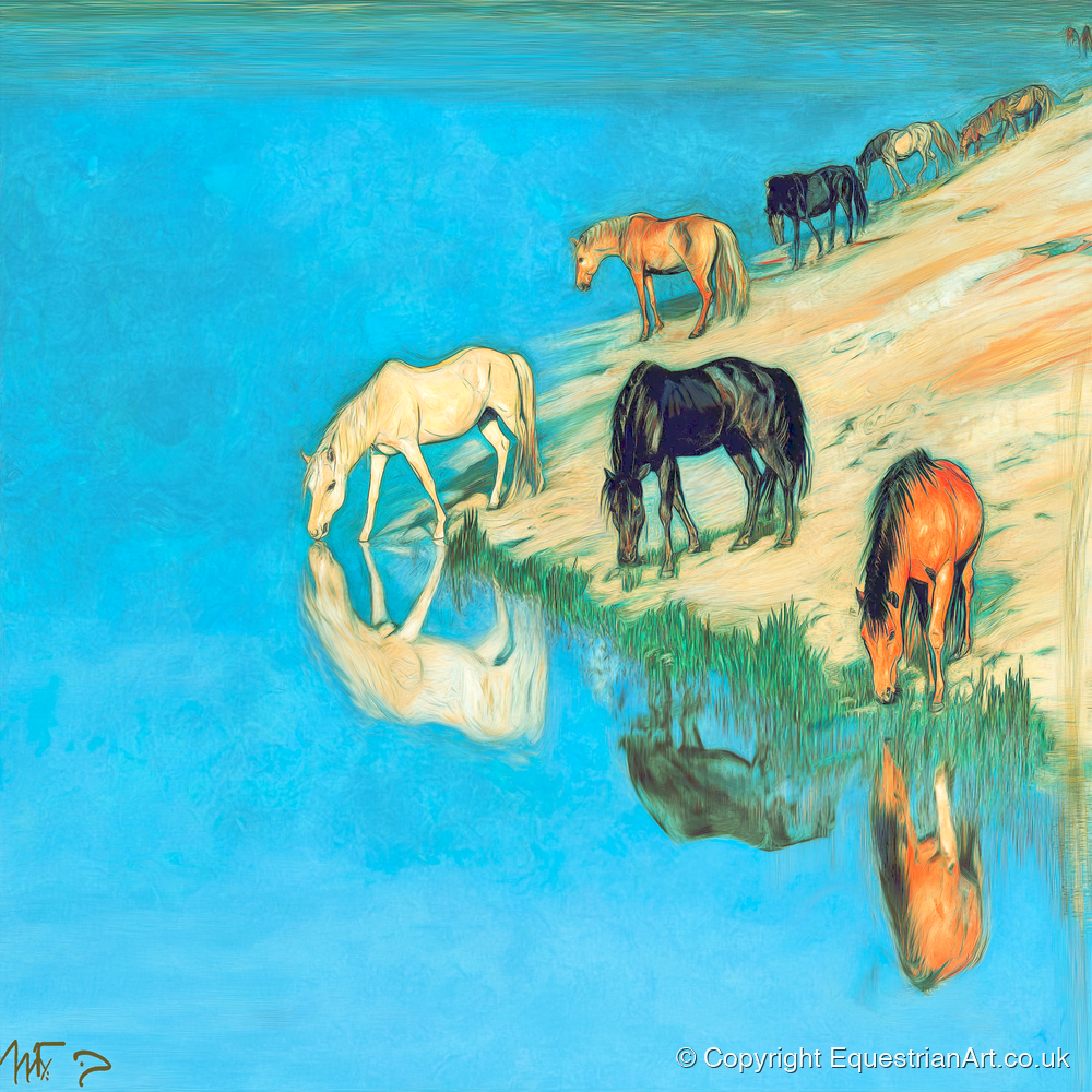 Azure Bank Reflections - wild horses art print and canvas by Cecily Warwick A.I