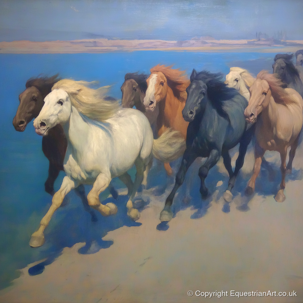 Azure Coastal Gallop - wild horses art print and canvas by Alistair Rhodes A.I