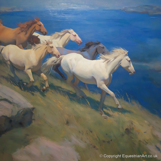 Azure Coastal Gallop - wild horses art print and canvas by Alistair Rhodes A.I