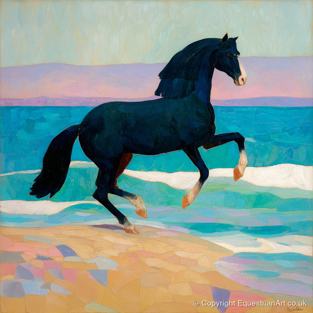 Azure Coastal Rhythm - horse landscape art print and canvas by Aldous Trent A.I