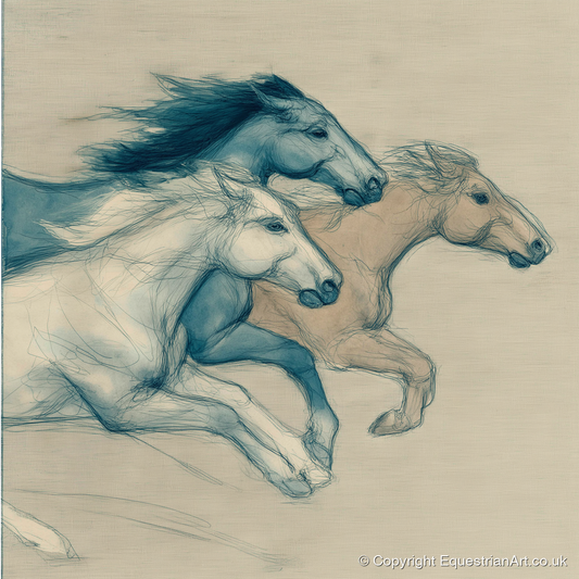 Azure Equine Trio - wild horses art print and canvas by Clara Pemberton A.I