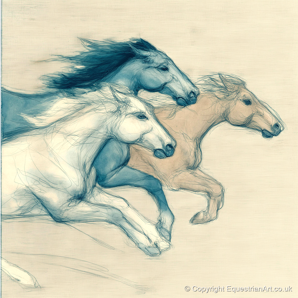 Azure Equine Trio - wild horses art print and canvas by Clara Pemberton A.I