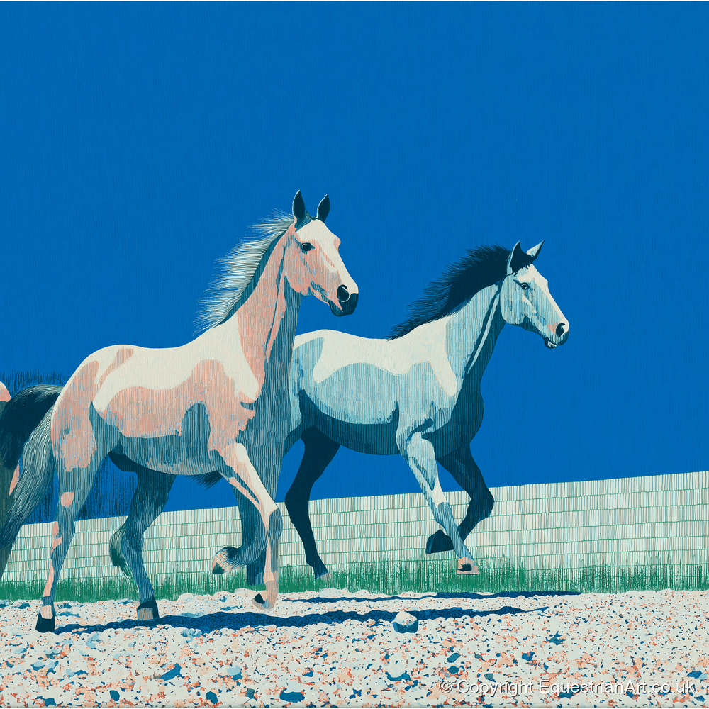 Azure Horizon Strides - wild horses art print and canvas by Simon Whitlock A.I