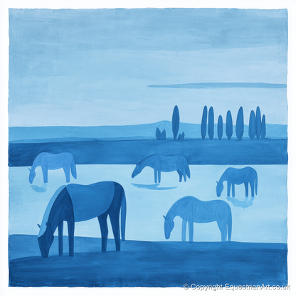 Azure Meadow Grazing - horse landscape art print and canvas by Roland Bishop A.I