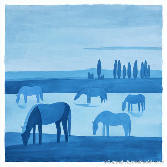 Azure Meadow Grazing - horse landscape art print and canvas by Roland Bishop A.I