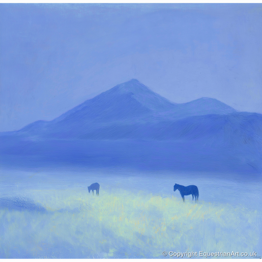 Azure Morning Mist - horse landscape art print and canvas by Marguerite de Winter A.I