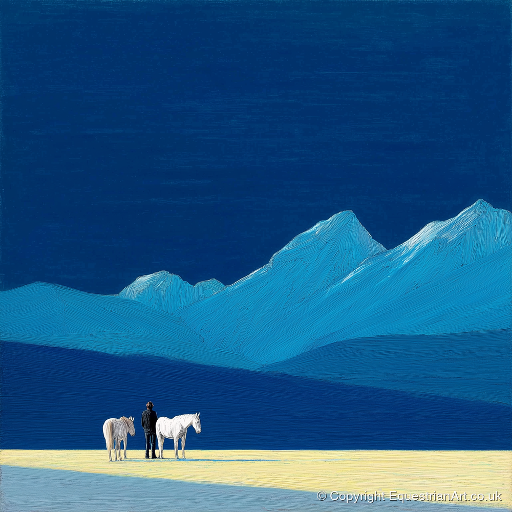 Azure Mountain Solitude - horse landscape art print and canvas by Malcolm Hastings A.I