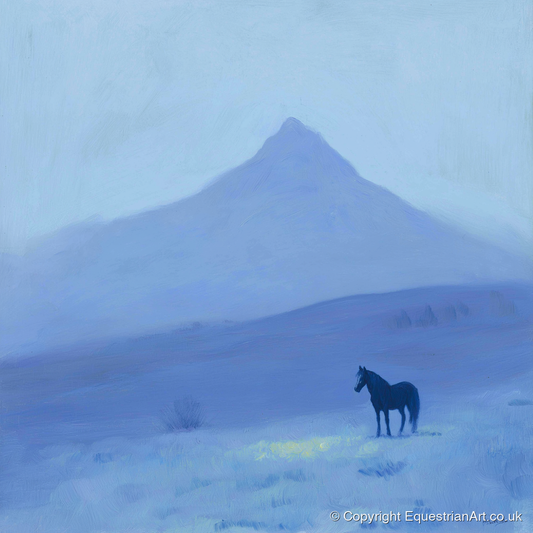 Azure Mountain Solitude - horse landscape art print and canvas by Marguerite de Winter A.I
