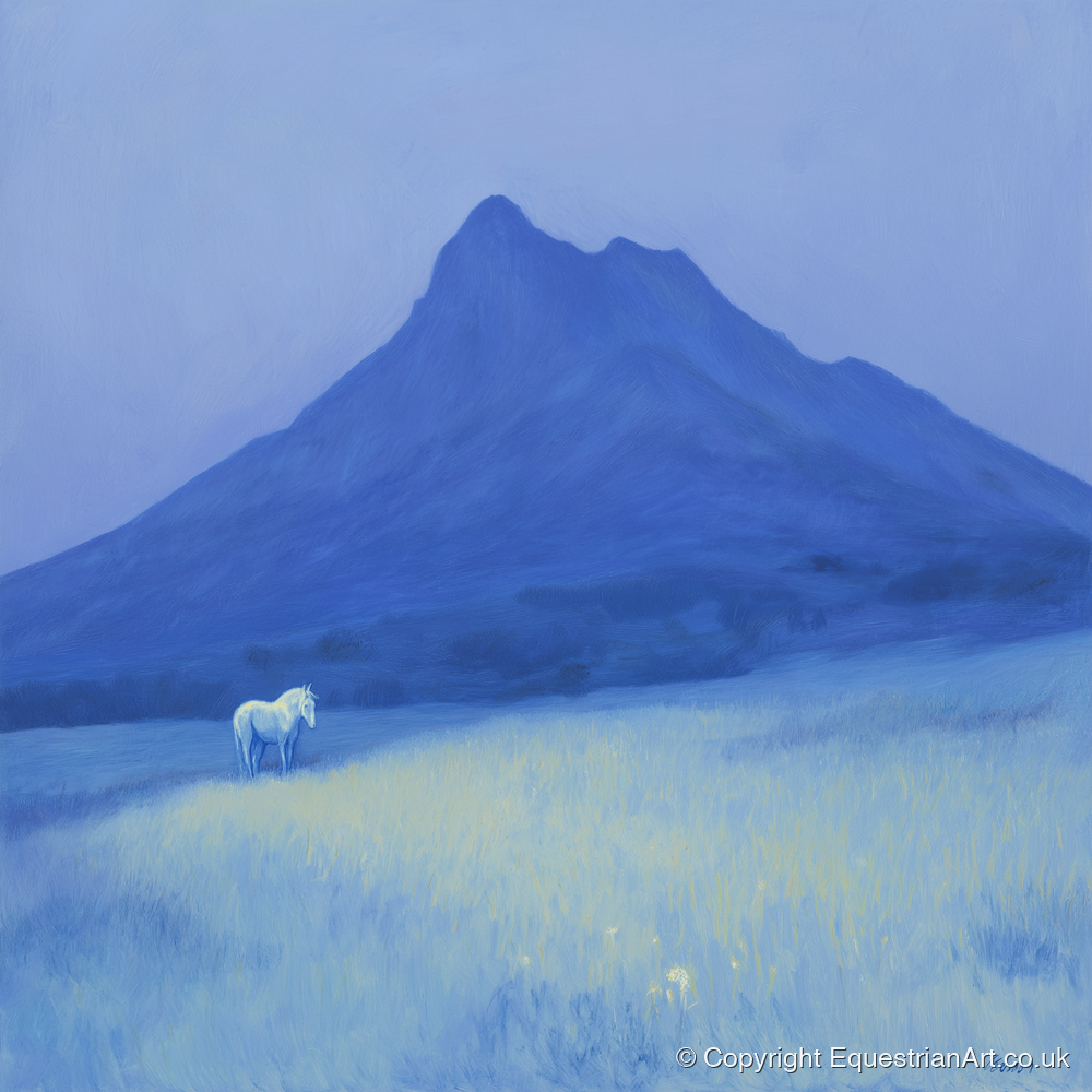 Azure Mountain Solitude - horse landscape art print and canvas by Marguerite de Winter A.I