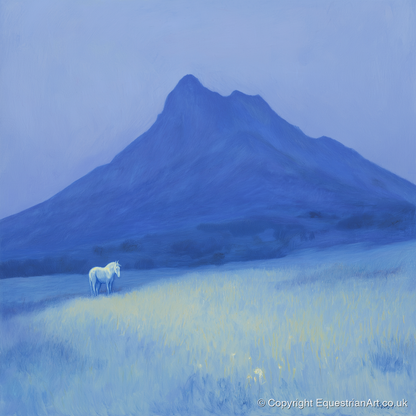 Azure Mountain Solitude - horse landscape art print and canvas by Marguerite de Winter A.I