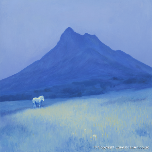 Azure Mountain Solitude - horse landscape art print and canvas by Marguerite de Winter A.I