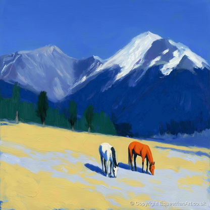 Azure Peaks and Golden Grazing - horse landscape art print and canvas by Hugo Beckett A.I